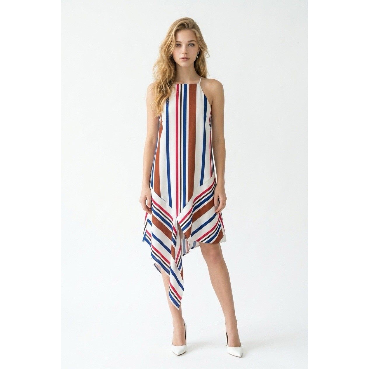 Elliatt Women’s Striped Asymmetrical Handkerchief Hem Dress Sleeveless Size S